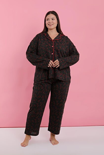 Kadın Büyük Beden Siyah Kırmızı Çiçekli Düğmeli Pijama Takımı