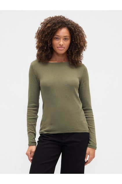 Kadın Yeşil Modern Boatneck Yakalı T-Shirt