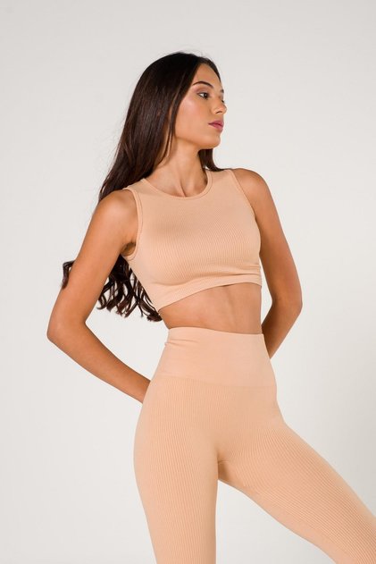 Women's Seamless Ribbed Sports Bra with Thick Straps Camel Color - Flexible Sports Underwear & U Neck 1510