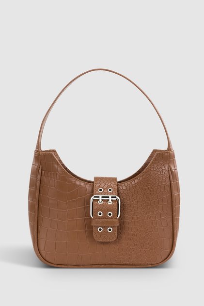 Women's Tan Buckle Crocodile Patterned Baguette Bag