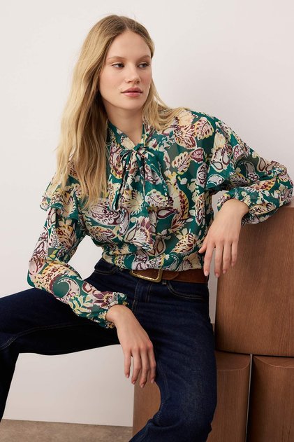 Bluză țesută cu guler eșarfă cu model din șifon verde-multicolor TWOAW26BZ00277