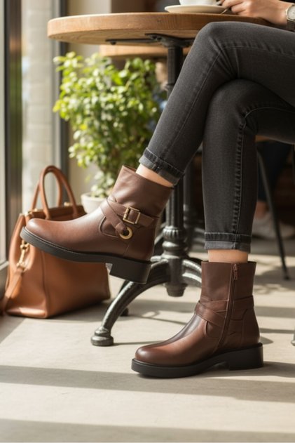 WOMEN'S BROWN GENUINE NATURAL LEATHER BOOTS & BOOTIES