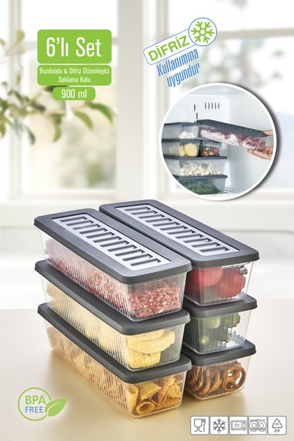 6'Lı Set Buzdolabı Organizer Mikrodalga ve Difrize Uygun Saklama Kabı 6 X 750 ml