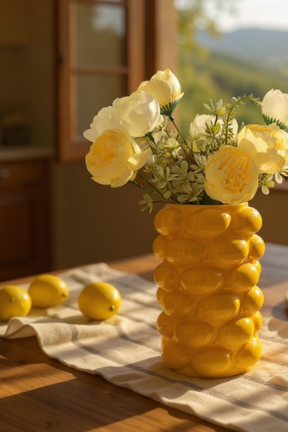 Vază decorativă mare, lucrată manual, cu model de lămâie, finisaj lucios, 20 cm – Suport pentru flori și ornament pentru casă