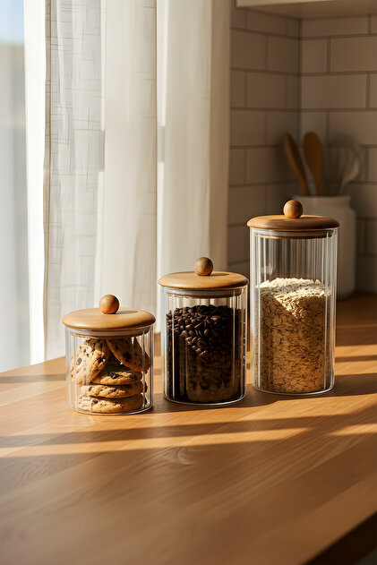 Suo Home Akasya Mira 3'lü Çizgili Cam Kavanoz Seti – Kapaklı