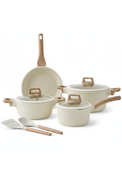 9-Piece Cookware Set Aluminum Pots And Pans Non-Stick Surface Wood Finish Handles Tempered