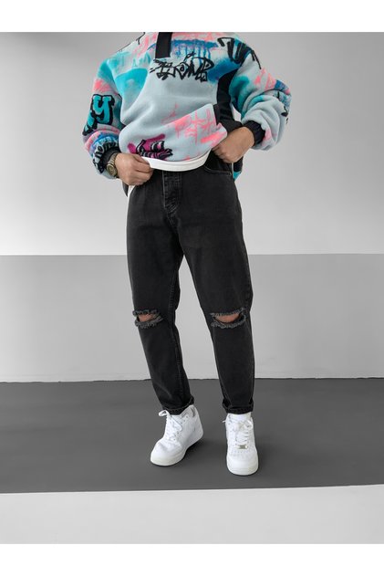 Pantaloni de tip boyfriend cu secvență antracit
