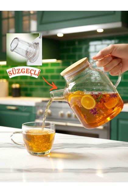 Cam Bambu Kapaklı Borosilikat Demlik & Sürahi – 1800 ml Metal Kapaklı Bitki Çayı Demliği