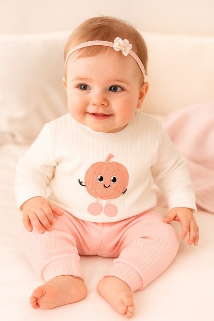 Kız Bebek İkili Takım – Sevimli Desenli Sweatshirt ve Pembe Alt, Organik Pamuklu Rahat Günlük Set