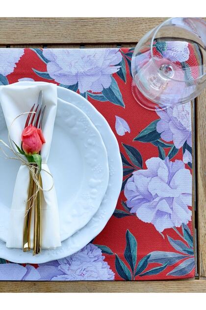 Red White Rose Fabric American Service Set of 4 35x50cm