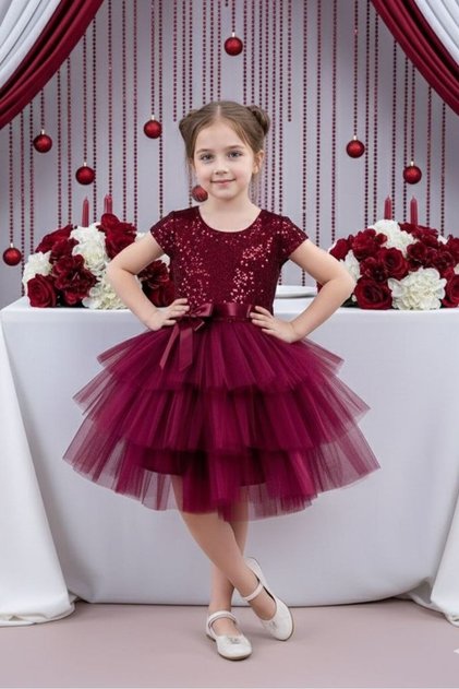 Sequined Layered Burgundy Children's Evening Dress Show Party Dress 23Nisan Dress Aby182