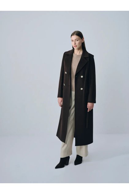 Gold Detailed Double Breasted Coat Dark Brown