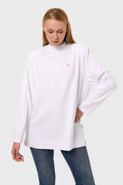 TuRey - Beyaz Kadın Nakışlı Çıt Çıt Vatkalı Dik Yaka Oversize Uzun Kol Basic