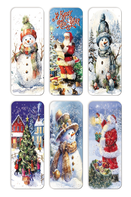 Set of 6 Glittery Bookmarks Christmas Themed Snowman Santa Claus Landscape New Year