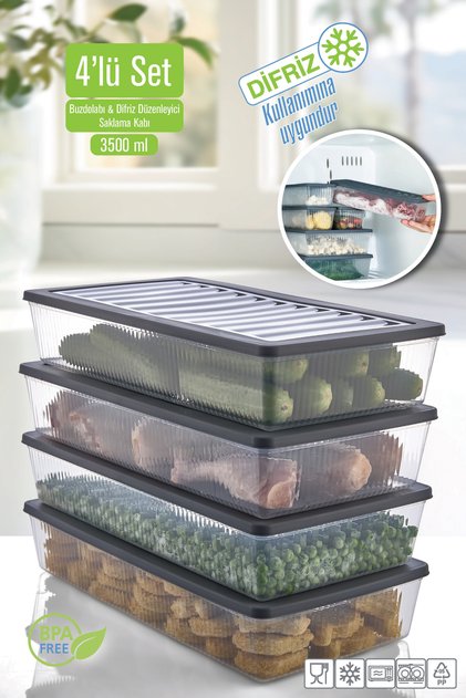 4’Lü Set Buzdolabı Organizer Mikrodalga Uygun Difriz Saklama Kabı 4 X 3500 ml.