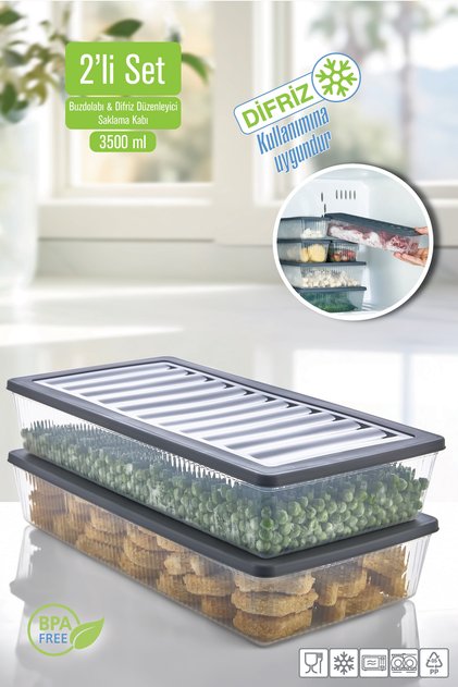 2’Li Set Buzdolabı Organizer Mikrodalga ve Difrize Uygun Saklama Kabı 2 X 3500 ml.