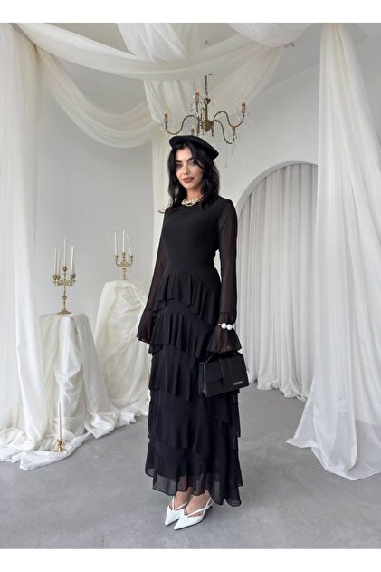 backless dresses with long sleeves Tie Backless Draped Detail Flounce Sleeve Glitter Mesh Dress, Dark Green / XS