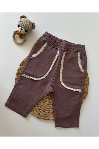 Baby Girl/Child Purple Linen Trousers with Embroidery Detail
