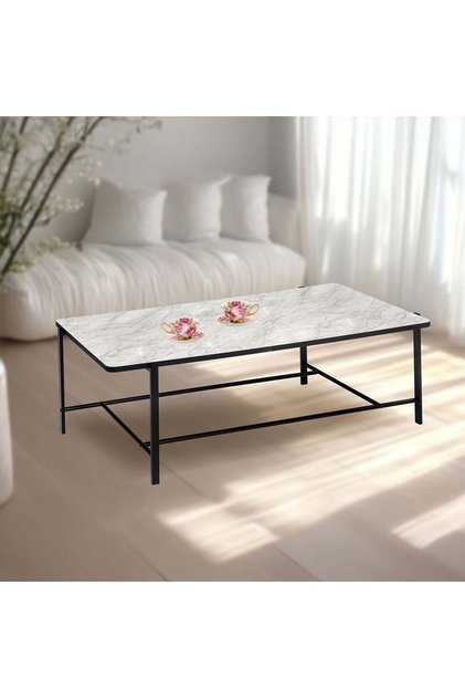 Reuben Coffee Table - White Marble & Black Engineered Wood, Stylish Living Room Furniture