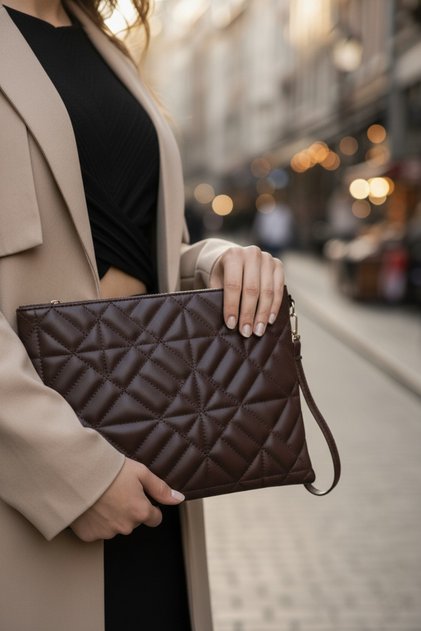 Grafina Bitter Brown Geometric Patterned Portfolio Clutch Handbag 25X19 cm