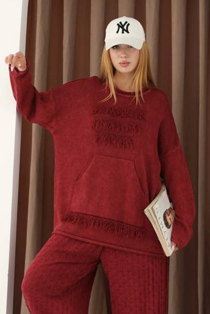 Women's Burgundy Round Neck Tassel Detail Kangaroo Pocket Long Sleeve Distressed Loose Cotton Knitwear Sweater