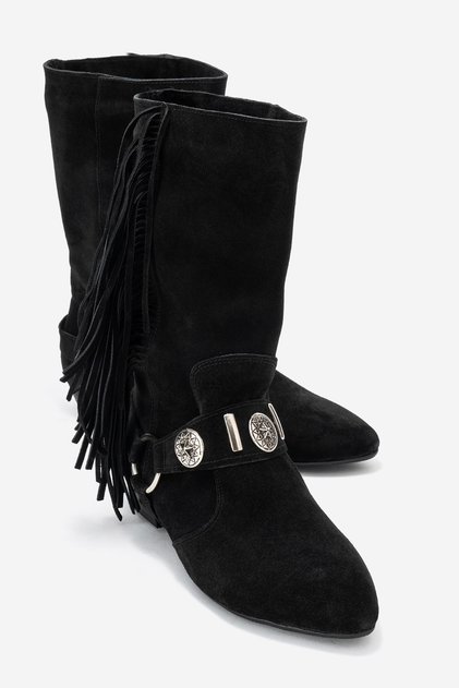 Selora Black Suede Tasseled Genuine Leather Buckle Women's Western Boots