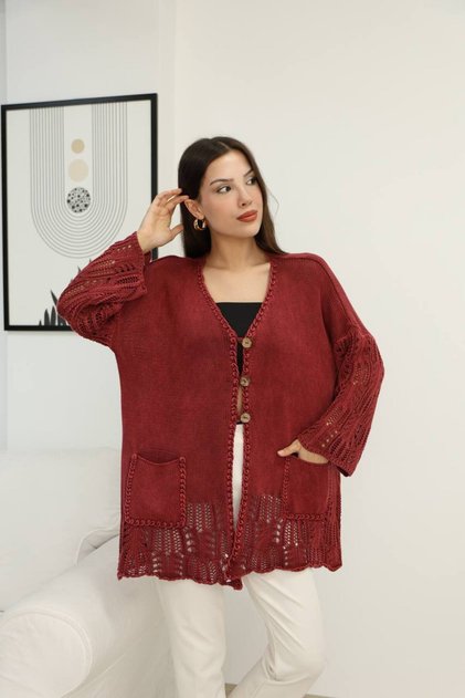 Women's Burgundy Button Closure Long Cardigan with Bag Pockets, Vintage Casual Cotton Knitwear