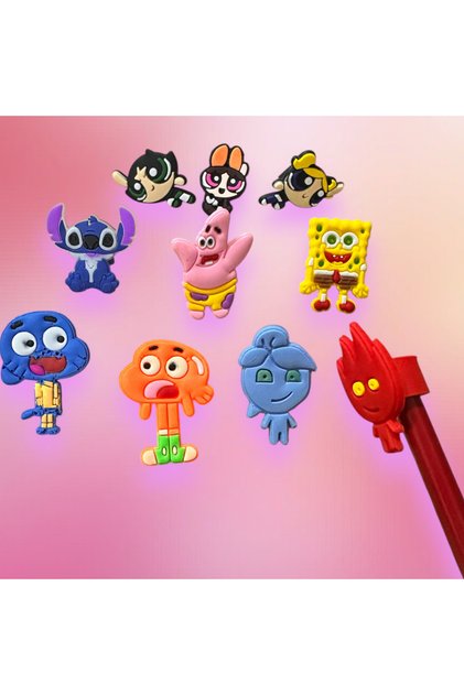 Kalem Başlığı Süsü Figürlü 10 lu Set Powerpuff Girls Stitch Sünger Bob Gumbell Su ve Ateş