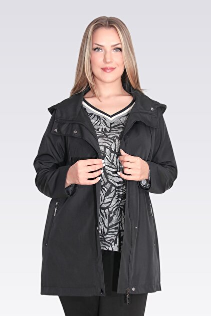 60131 Black Detachable Hood Stand-Up Collar Relaxed Fit Trench Coat