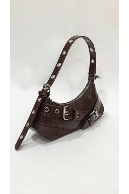 Brown Suede Double Cross Belt Buckle Detailed Women's Shoulder Bag (29Cm*13Cm)