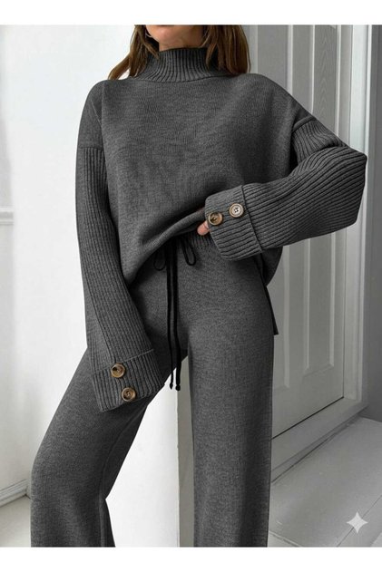 NEW SEASON Mock Neck Button Detail Oversized Sweater-Trousers Knit Co-ord Set 0034