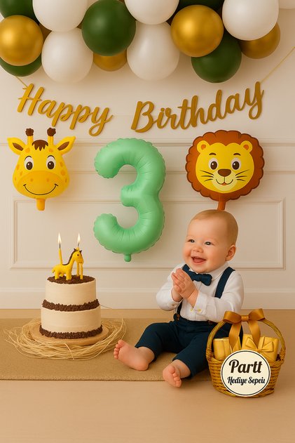 Safari Themed 3Rd Birthday Balloon Set | Lion Giraffe Foil Balloon + Happy Birthday Writing