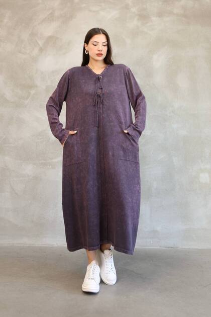 Women's Purple Round Neck Buckled Side Slit Vintage Detailed Cotton Knit Long Dress
