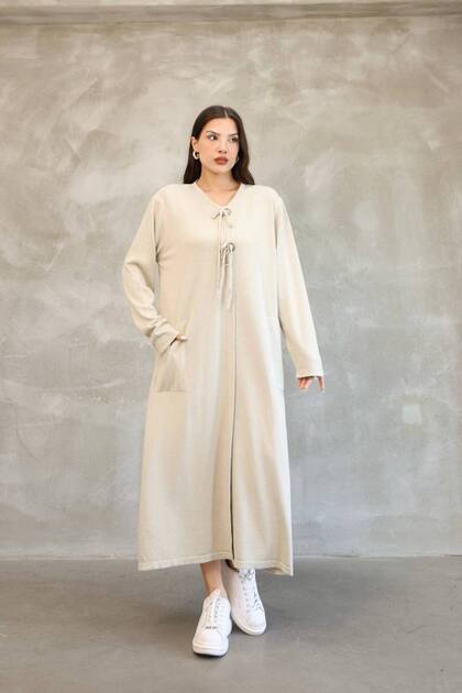 Women's Beige Round Neck Buckled Side Slit Vintage Detailed Cotton Knit Long Dress