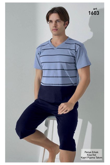 Men's Blue Bermuda Cotton Short Sleeve T-Shirt with Capri Shorts Pajama Set with Pockets