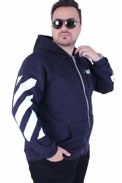 Large Size Hooded Zippered 3Ip Sweat Mg 25718 Navy Blue