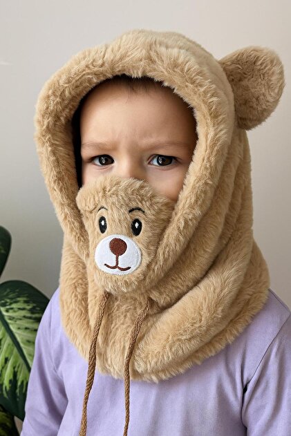 Soft Plush Beanie Hat with Teddy Bear (Neck Warmer Scarf Hat in One)
