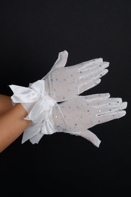 White Stone Tulle Bow Short Bridal Gloves Wedding Evening Dress Accessory