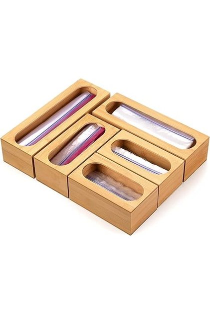 Plstic Wrap Dispenser & Ziplock Bag Orgnizer try Bamboo Drwer Holder Qurt Snck