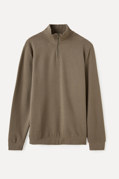 Men's Brown Zippered High-Neck Sweatshirt