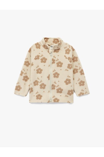 Dik Yaka Uzun Kollu Fermuarlı Çiçekli Polar Sweatshirt