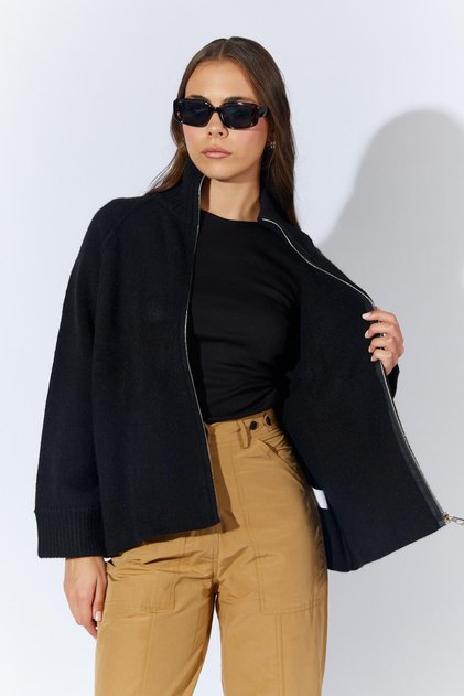 Cardigan negru pentru femei, cu guler înalt, cu fermoar exterior