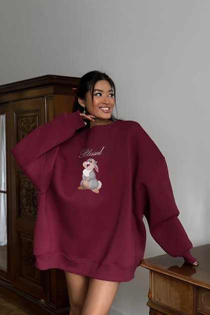 Women's Oversize Sweatshirt Dress Blessed Bunny Printed Burgundy – Crew Neck, 3 Thread Fleece