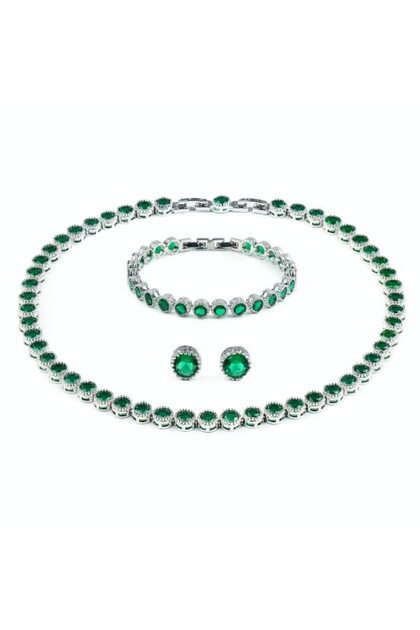 Set Tennis Necklace Bracelet and Earrings Divine Emerald Green