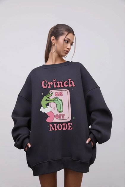 Women's Oversize Sweatshirt Dress Grinch Mode Printed Smoked – Crew Neck, 3 Thread Fleece