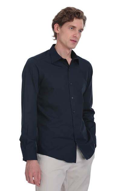 Navy Blue Slim Fit Slim Collar Cotton Long Sleeve Shirt