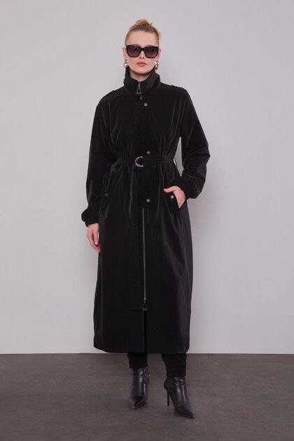 Black Quilted Detailed Trench Coat