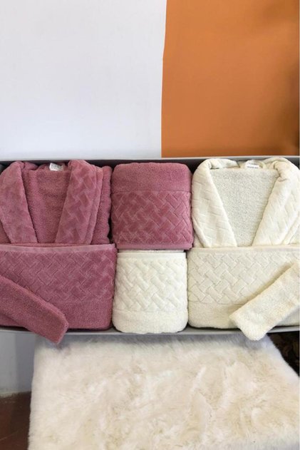 Şazeli 8 Piece Family Bathrobe Set Dusty Rose Cream