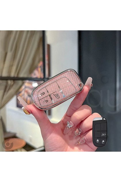 Husă pentru chei din TPU cu tăiere cu diamant pentru Fiat Egea 500X Jeep Grand Cherokee Wrangler Renegade Compass Chrysler (roz)