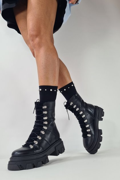 Ghete dama Piele Naturala Negre cu accesorii argintii Ivanna
